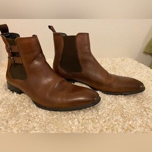 Alfani Mens Brown Leather Rory Double Buckle Boots with Elastic Panels